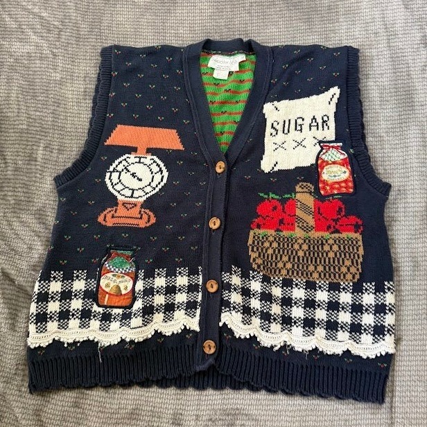 Vintage Sweater Loft Navy Knit Vest Country Kitchen Sugar Apples Lace Trim Large